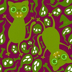 Cartoon Halloween animals seamless cats pattern for wrapping paper and fabrics and kids and party accessories