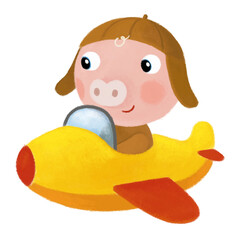 Naklejka premium cartoon scene with farm pig boy child flying plane transportation illustration for children