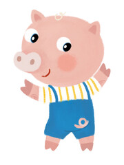 cartoon scene with farm pig boy child standing smiling and looking in dungerees illustration for children