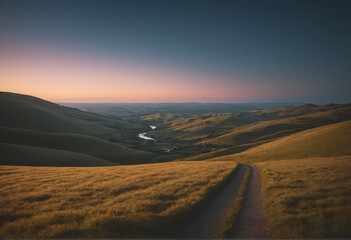 sunset over the mountains with river in a valley