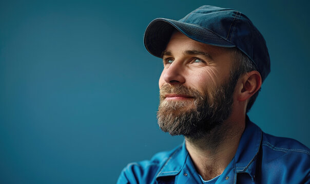 A happy worker wearing uniform is looking to the camera