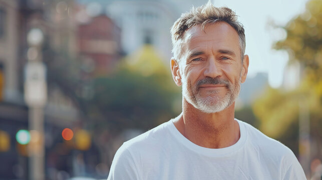 portrait of a middle aged man wearing white t shirt