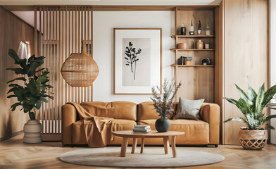 Creative composition of warm and cozy living room interior with mock up poster frame, brown sofa, wooden partition wall, beige rug, plants and personal accessories. Home decor. Template.
