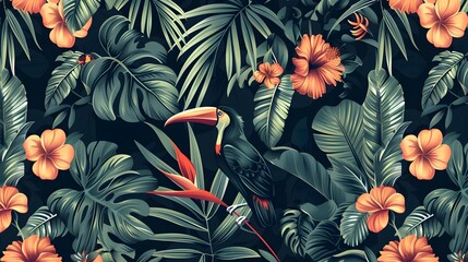 Seamless pattern with exotic trees, flowers and birds. Exotic tropical green jungle palm, leaves with trendy bird background. - VectorTexture for wrapping, textile wallpapers, surface design - obrazy, fototapety, plakaty