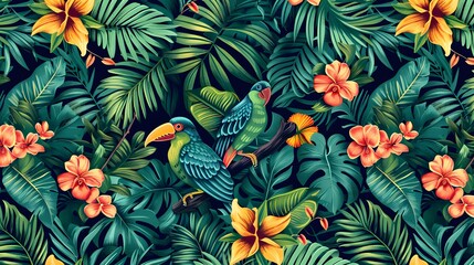 Seamless pattern with exotic trees, flowers and birds. Exotic tropical green jungle palm, leaves with trendy bird background. - VectorTexture for wrapping, textile wallpapers, surface design