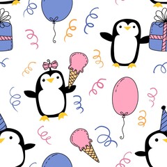 Birthday party animals seamless penguin pattern for wrapping paper and fabrics and kids print and summer print