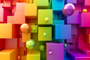A 3D geometric abstraction with a rainbow color scheme. The shapes are cubes and spheres