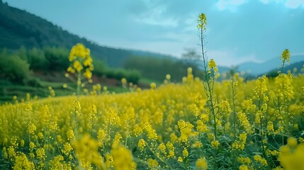 Seemingly endless field of yellow mustard plants in bloom.