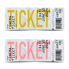 Ticket, coupon or talon template with barcode and rounded corners. Flat vector illustration set for theatre or cinema, concert or event. Modern design with crumpled paper texture