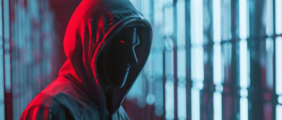 A mysterious figure in red hoodie stands ominously against a neon-lit backdrop.