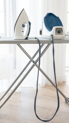 Steam generator iron standing on ironing board near window with white shirt