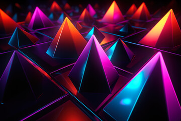 A 3D geometric abstraction with a neon color scheme. The shapes are pyramids and tetrahedrons