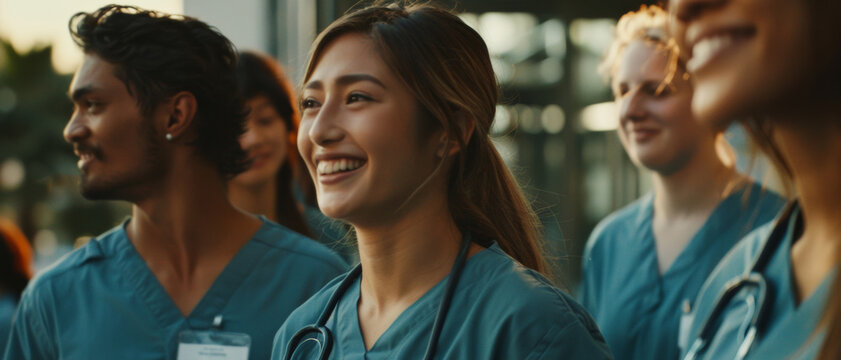 Joyful healthcare workers bond in solidarity outside a medical facility, sharing smiles.