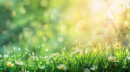 Spring. Beautiful natural background of green grass and wild flower with dew and water drops on sunlight green background. horizontal banner with copy space