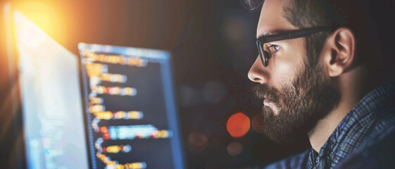 Male programmer immersed in code reflections on glasses, focus on digital solutions.