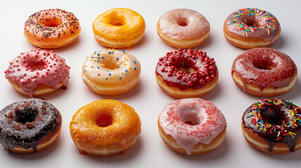 An array of various donuts displayed on a white surface