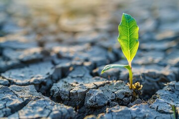 A lone green plant sprouting from the cracked dry earth, symbolizing hope and resilience.