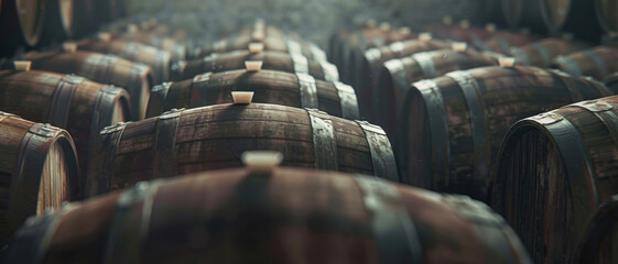 Atmospheric view of aged wooden barrels in a dimly lit cellar, hinting at timeless tradition. - obrazy, fototapety, plakaty