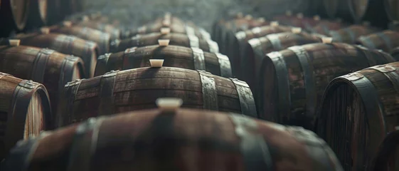 Foto op Plexiglas Atmospheric view of aged wooden barrels in a dimly lit cellar, hinting at timeless tradition. © Ai Studio