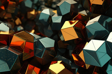 A 3D geometric abstraction with a metallic color scheme. The shapes are dodecahedrons and...