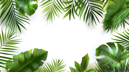 Vector banner with green tropical leaves on white background. Exotic botanical design for cosmetics, spa, perfume, beauty salon, travel agency.
