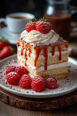 photo beau gâteau aux fruits dans une assiette fraise framboise fruits dessert délicieux gourmandise plaisir crême