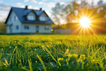 A serene sunrise illuminating a dewy lawn and a beautiful house in the background.