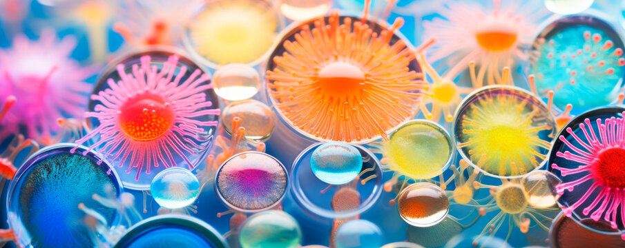 Colorful bacterial cultures in petri dishes, symbolizing the vibrant and meticulous field of scientific research and microbiology.