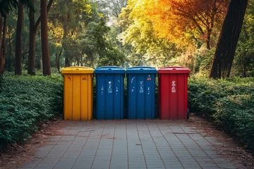 Fotobehang Four color trash cans (garbage bin) in the park beside the walk way © Тамара Печеная