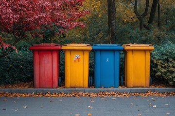 Obraz premium Four color trash cans (garbage bin) in the park beside the walk way