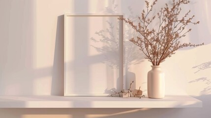 A minimalist white frame mockup is elegantly paired with a simple vase holding dry twigs, creating a serene display atop a bookshelf or desk.