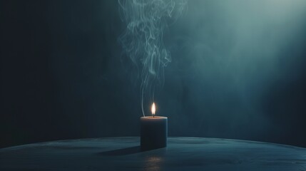 A candle emits a smoky, atmospheric haze as it burns on a tabletop, creating a moody and evocative scene. The dim lighting and swirling smoke add an air of mystery and intrigue to the ambiance - obrazy, fototapety, plakaty