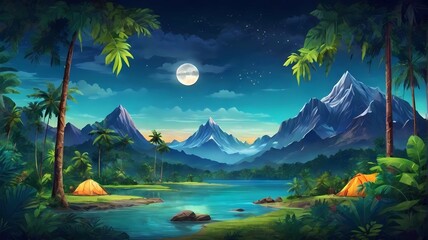 Fototapeta na wymiar landscape with mountains and lake at stunning night