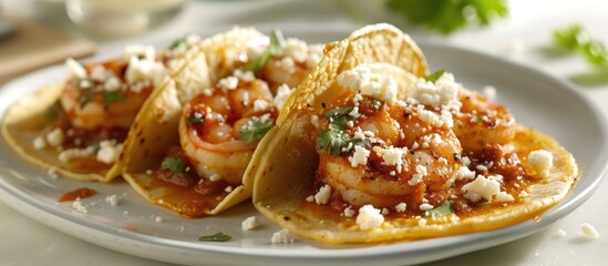 A white plate holds three chipotle shrimp tacos, topped with cotija cheese and covered in sauce. The tacos are made with white corn tortillas and are ready to be enjoyed.