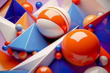 A 3D geometric abstraction with a bright color scheme. The shapes are cones and ellipsoids