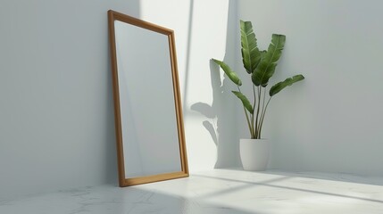In a serene white room, a mirror with a wooden frame serves as a focal point, reflecting the space with understated elegance. Adorned nearby, decorative cacti add a touch of greenery and charm