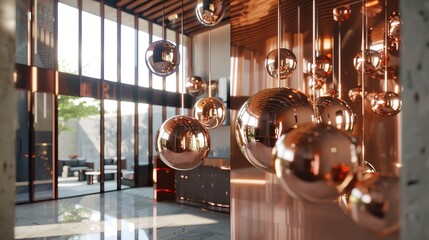 A collection of modern streamlined copper chandeliers adorns the space, each boasting a sleek design and captivating elegance. The bubble metal copper shade pendants add a touch of contemporary flair