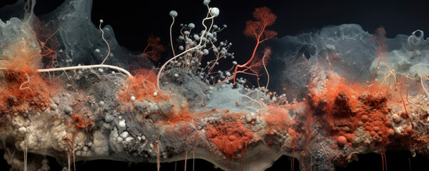 Ethereal art captures fungal growths and organic forms in a surreal forest scene, symbolizing life's cycle from decay to rebirth. A mystical blend of mycology and environmental art. - obrazy, fototapety, plakaty