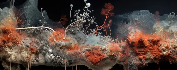 Foto op Plexiglas Ethereal art captures fungal growths and organic forms in a surreal forest scene, symbolizing life's cycle from decay to rebirth. A mystical blend of mycology and environmental art. © stateronz