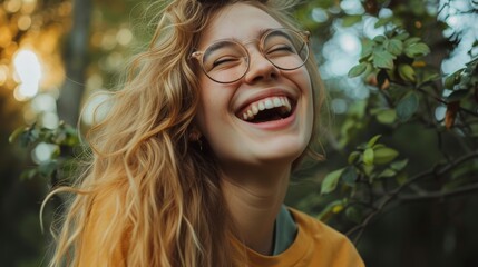 a woman laughing with glasses