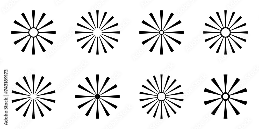 Poster radial stripes collection – set of isolated simple sunbursts – abstract radial patterns – minimalist