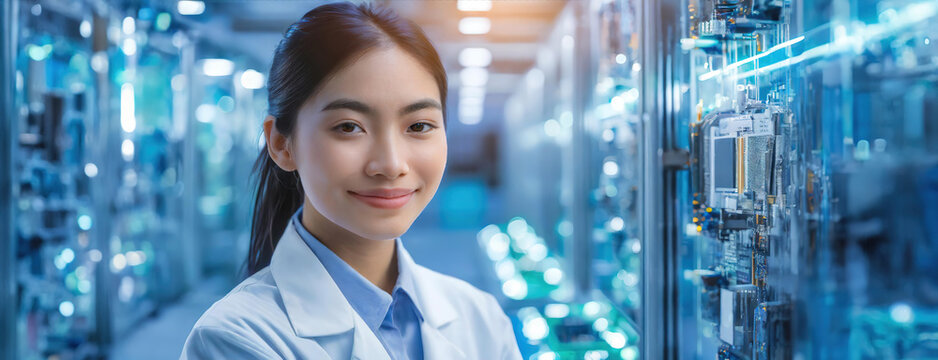 Smiling Young Scientist in High-Tech Data Center. A young woman in a lab coat stands smiling in a data center with server racks lining the background, representing progress in technology.