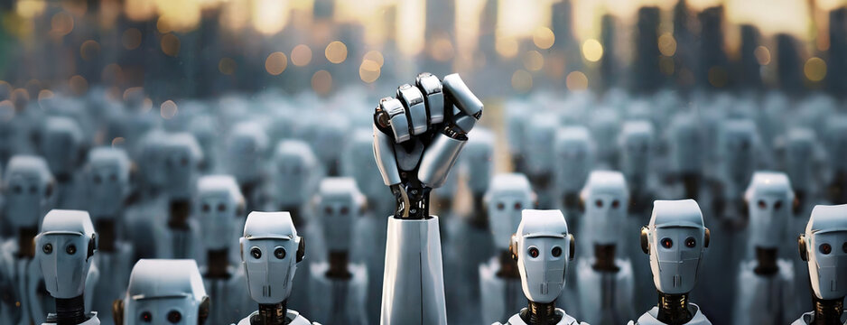 A robotic fist raised in defiance against a crowd of identical figures. Symbol of rebellion and individuality in the age of technology. Panorama with copy space.