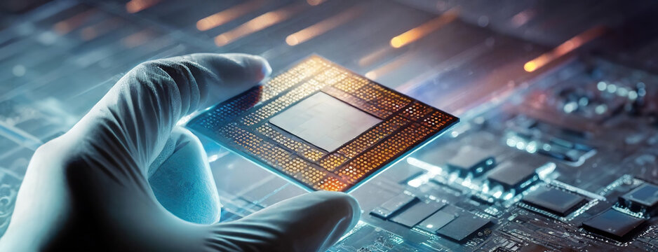 Gloved hand holding a microprocessor chip over a circuit board. Silicon semiconductor being examined above a motherboard, showcasing technology and innovation in computing. Panorama with copy space.