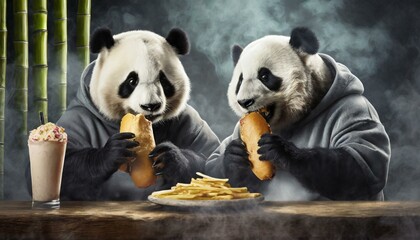 Illustration of two panda bears in hoodies eating hot dogs.
 - obrazy, fototapety, plakaty