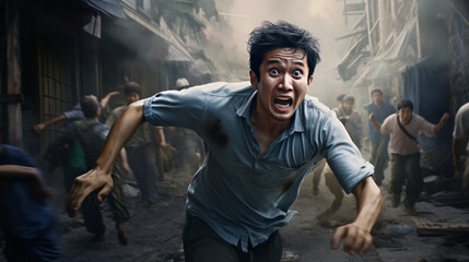 fearful asian man running with crowd in the background - obrazy, fototapety, plakaty