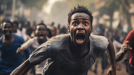 screaming man running with crowd in the background - obrazy, fototapety, plakaty
