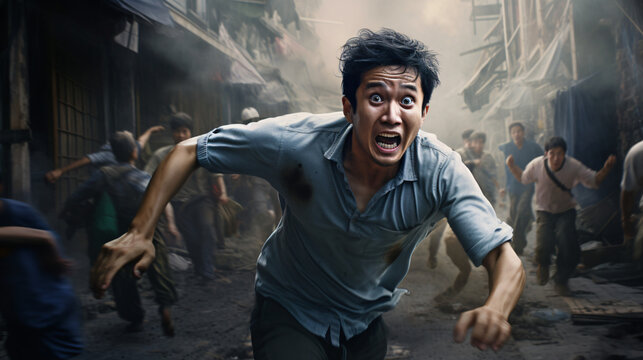 fearful asian man running with crowd in the background