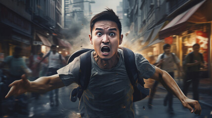 fearful man running with crowd in the background - obrazy, fototapety, plakaty