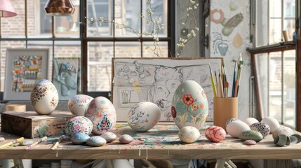 Obraz na płótnie Canvas Artistic Easter Egg Painting Studio. A cozy artist's workspace adorned with hand-painted Easter eggs and art supplies, bathed in soft daylight.